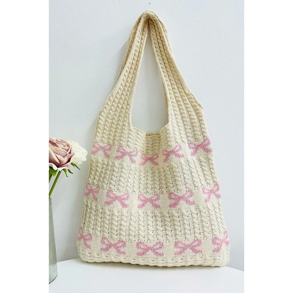 NEW Zenana Pink Bow Knit Tote Bag Cream Coquette Chic Shoulder Bag
